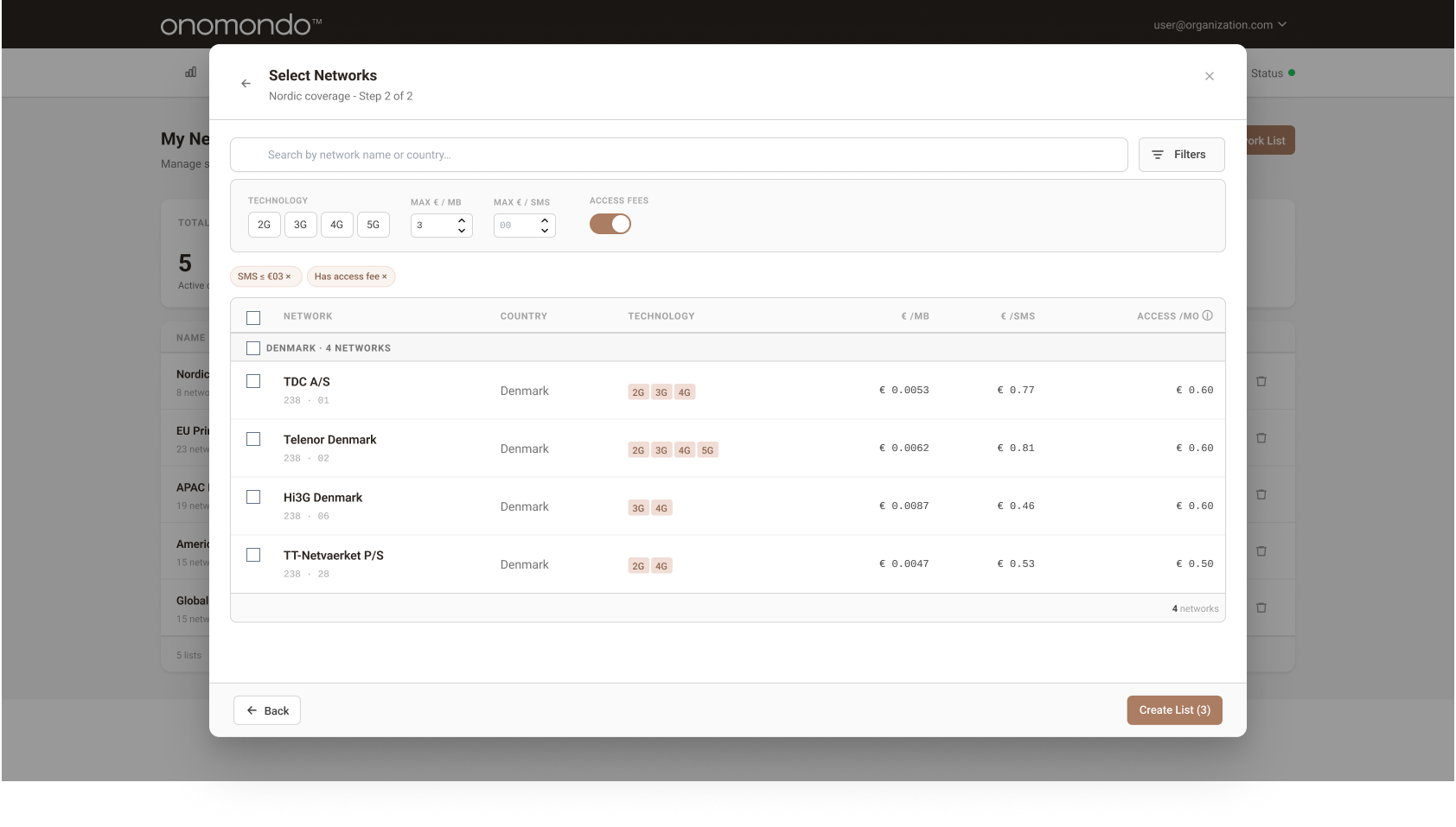 Redesigned Select Networks modal showing search field as primary action, updated tab labels, and clear separation between adding and reviewing networks